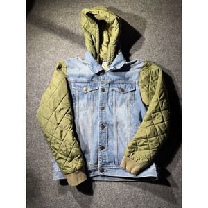 Refinery Republic Mens Denim‎ Jacket Quilted Hooded Sleeves Blue Olive Green M